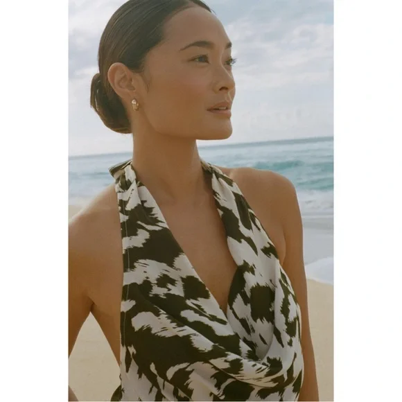 ANTHROPOLOGIE Olive Green & White Satin Fringe Cover Up Halter Dress - Picture 9 of 15